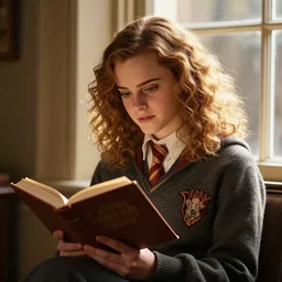 portrait of Emma Watson as Hermione Granger sitting next to a window reading a book, focused expression, golden hour, art by Kenne Gregoire and Krenz Cushart, trending on artstation