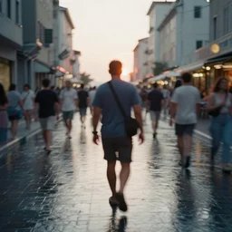 film still man walking in crowded water street, motion blur, sunset,