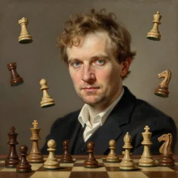 portrait of Magnus Carlsen with chess pieces floating everywhere, realistic painting, classical painting, high definition, digital art, matte painting, very detailed, realistic