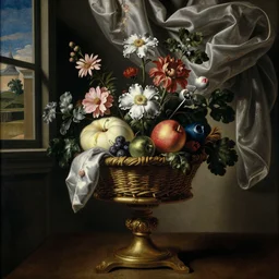 a beautiful detailed baroque painting of  fruit and flowers in a basket on a fancy tall pedestal, with a window with curtains in the background by Bartolomé Esteban Murillo