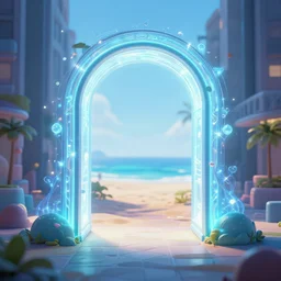 a photo of a glowing magical portal in the middle of a city, through the portal you can see a beach