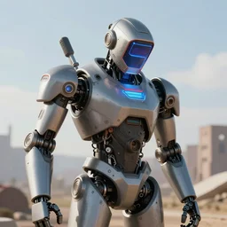 welder solarpunk with shoulder robot helper