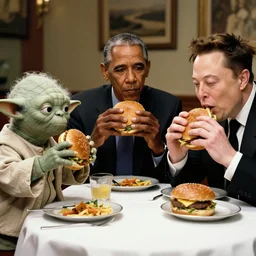 yoda, your mom, obama and elon musk eating hamburgers around a table
