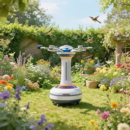 teleportation machine in a beautiful garden, with the smell of flowers in the air and the sound of birds singing