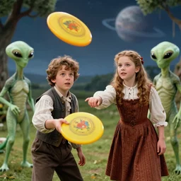 detailed, sharp, a human boy and a human girl playing frisbee with two humanoid aliens, wearing 1850s era clothes, in a park on an alien planet, extremely highly detailed, in focus faces, 70 mm still from a period sci fi color movie, 4k, HD, cinematic lighting