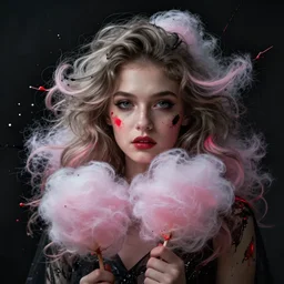 a dramatic lighting photo of a beautiful young woman with cotton candy hair. paint splashes. moody, melanchonic. with a little bit of black and red