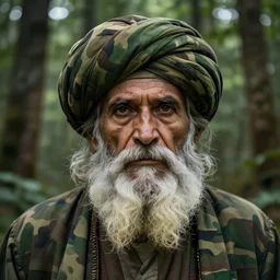 stunning forest camouflage art looks like the face of a wise old man in a turban with a long beard dreamy surrealism, masterpiece, golden mean, award winning by bev doolittle