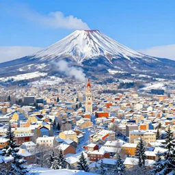a hyperrealism a winter city around a volcano, vibrant color scheme, highly detailed, in the style of romanticism, cinematic, artstation, moebius, greg rutkowski