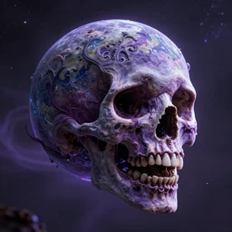 screaming earth planet in the shape of a skull, cosmic horror, ghostly, intricate, photo real, hyperrealism, unreal engine 5, raytracing, in the style of simon bisley and richard corben, ultraviolet colors,