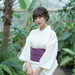 a young beautiful woman wearing a white kimono in a tropical greenhouse, photo