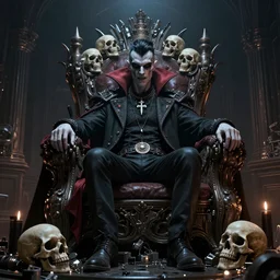 the vampire king aphex twin sitting atop a throne of nerd skulls and electronics, Unreal 5, DAZ, hyperrealistic, octane render, RPG portrait, dynamic lighting