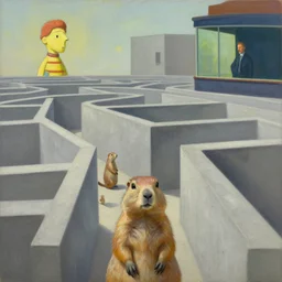 first person view of a stark concrete maze, robot prairie dogs, grant wood, pj crook, edward hopper, oil on canvas