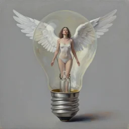oil painting of an empty light bulb, with a woman trapped inside of it. the woman has wings.