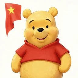 xi jing ping with the body of winnie the pooh, satire, drawing, propaganda, chinese flag, evil grin