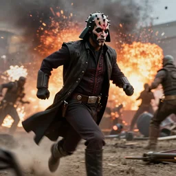 darth maul from the phantom menace dressed up as a retro cowboy, motion blur runs through massive battlefront, mcu style, explosions, fire, real life, spotted, ultra realistic face, accurate, 4 k, movie still, uhd, sharp, detailed, cinematic, render, modern