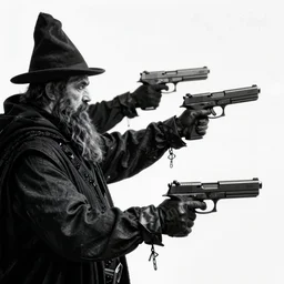 A sorcerer wielding two Glock pistols, bust shot, art by Geof Darrow, high detail, 8k, Smooth, High contrast, depth of field, aperture f2.8