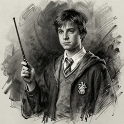 charcoal sketch of charlie day as a hogwarts student in uniform, holding wand