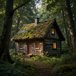 a cottage in the woods, fantasy, hyper realistic, dramatic lighting, 8k