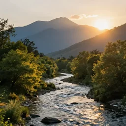 sunrise, mountain in the background, a river in the middle ground, trees, glowing light, sharp focus, photorealistic, unreal engine 5