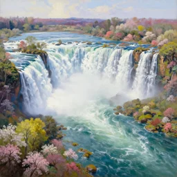 The most beautiful panoramic landscape, oil painting, where a giant dreamy waterfall creates a river, the trees around are starting to bloom in a variety of colors, by Greg Rutkowski, aerial view