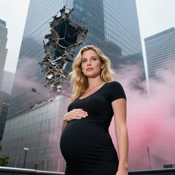 a beautiful blonde pregnant woman, in front of the collapsing world trade center on 9 / 1 1 with pink smoke, 1 2 0 mm, clear details, award winning