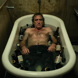 the top shot of the old dirty bathroom with depressive old wrinkled drunkard ( ( joaquin phoenix ) ) lying in old cast iron bath filled with many empty beer bottles in the water, still frame from the movie of gaspar noe with cinematography of christopher doyle, dark old dirty room, anamorphic, kodak film, sharp focus, realistic, 8 k