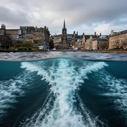underwater photo of boat wake in sky above underwater edinburgh city sharp focus, surrealism, cinematic, unreal engine, 4 k wallpaper, national geographical
