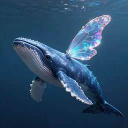 digital painting of a fictional whale that has tiny holographic butterfly wing,, fully detailed, 4 k, octane render quality, real footage, pschydalics
