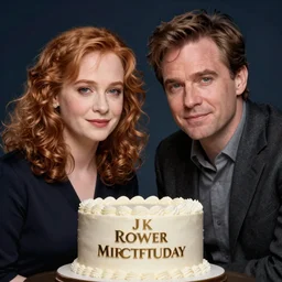 j k rowling & michael mcintyre with a birthday cake, elegant, real life skin, intricate, high detailed, artstation, concept art, smooth, sharp focus, art by artgerm and greg rutkowski