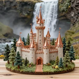high - res photograph of a felt and copper wire sculpture diorama with fantasy castles, highly detailed sculpey diorama, forest setting in iceland, waterfall backdrop, realistic materials, wood, felt, cloth, burlap, copper wire, hot glue, smooth, sharp foccus, commercial product photography,