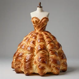 a beautiful dress made out of a croissant, on a mannequin. high quality, high resolution, studio lighting