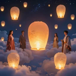 million glowing lanterns floating on cosmic cloudscape, futurism, dan mumford, victo ngai, kilian eng, da vinci, josan gonzalez