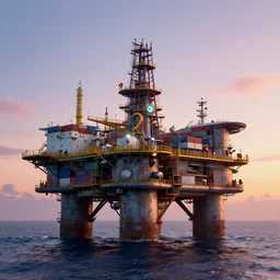 a futuristic oil rig tower, built of scavenged parts from oil tankers and containerships. Ocean, early dawn. Beautiful skies. Halo key art. Octane render. Zbrush. Substance painter. Raytracing. HD. Trending on artstation. Highly detailed.