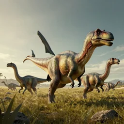herd of dinosaurs roaming in a field, digital concept art, cinematic lighting