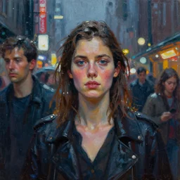 an abstract oil painting of a crowd of people in the rainy city at night, cinematic, concept art