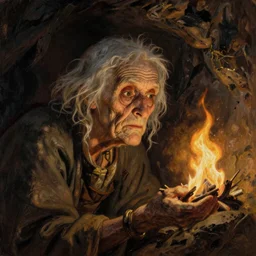 the wrinkled face of a magical old crone looking into a flame in a cave Thomas kincade painting