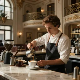 barista with short brown hair working in busy cafe in a large opulent hotel, making coffee, style of edward hopper