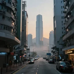 nuclear winter, street of hong kong, near future, fantasy, sci - fi, hyper realistic, serene, morning.