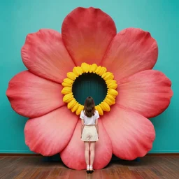 giant flower head, girl in hotel, surreal photography, symmetry, flat space, fanciful, stark colours, detailed, wes anderson