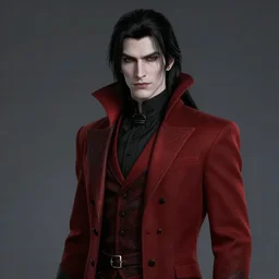a pale vampire, male, mid - 3 0 s, long black hair, clean shaven, dressed formally in red and black, high fantasy, realistic, classy, highly detailed, concept art, 8 k.