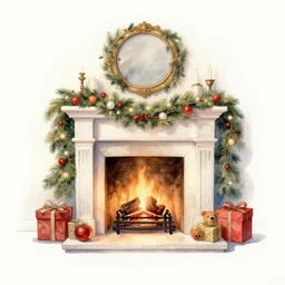 greeting card artwork, watercolor painting of a fireplace decorated for christmas in the style of thomas kinkade