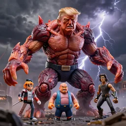 hyperrealistic rendering, epic boss battle, cronenberg flesh monster donald trump, by art of skinner and richard corben, product photography, collectible action figure, sofubi, hottoys, storm clouds, outside, lightning