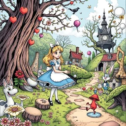 alice in wonderland, cartoon illustration masterpiece, intricate and interesting character design, comic strip art, by jim davis and kim jung gi and thomas kinkade and jacen burrows and lewis larosa and tom palmer and todd mcfarlane