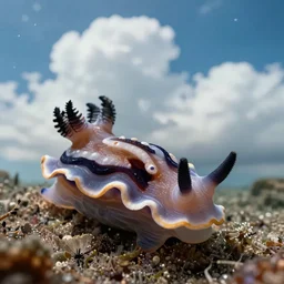 a very cute sea slug bouli, by rhads, makoto shinkai and lois van baarle, johannes voss, low angle fisheye view, sky whith plump white clouds, elegant, highly detailed, artstation, 8 k, unreal engine, hdr, concept art, volumetric lighting matte