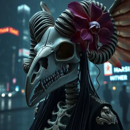 hyperrealism, night background raining city, super zoom, goddess close - up portrait real human skeleton ram skull!!!! jellyfish!! phoenix crow wings! giant orchid!! artwork by tooth wu and wlop. octane render, trending on artstation, greg rutkowski cinematic, hyper realism, high detail, octane render, 8 k