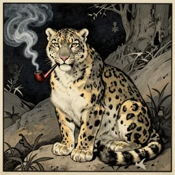 A snow leopard smoking a pipe, woodblock print, by Aubrey Beardsley