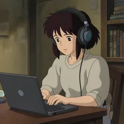 rendered ilustration of a japanese anime traditional lo - fi girl in her room wearing headphones and working in her laptop loop, cat, moody neutral hipster tones, joy gaze, cel - shaded, classical animation, cinematic, edge - to - edge print, rendered by studio ghibli, artgerm, alyssa monks, andreas rocha, david kassan, neil blevins