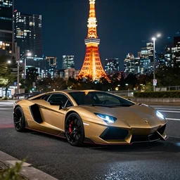 wideshot of a Lamborghini Aventador in tokyo at night, highly detailed, 4k photo, shot with sony alpha