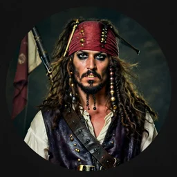 a potrait of pirates, king of pirates, gold teeth, crazy hair, wearing armor, flag on his back, 1 6 0 0 century, black beard, one piece, photo realistic, in a circle, nft style, dust, grain, scretch on picture, noise, deep focus, high detail