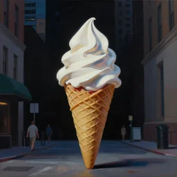 a giant ice cream cone sculpture in the center of a new york street, by Claes Oldenburg, pop art, oil painting, matte painting, black background, Volumetric dynamic lighting, Highly Detailed, Cinematic Lighting, Unreal Engine, 8k, HD